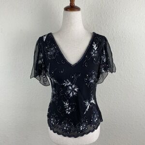 Adrianna Papell S Beaded Top Silk Flutter Sleeve Whimsigoth Witchy Fairy Black